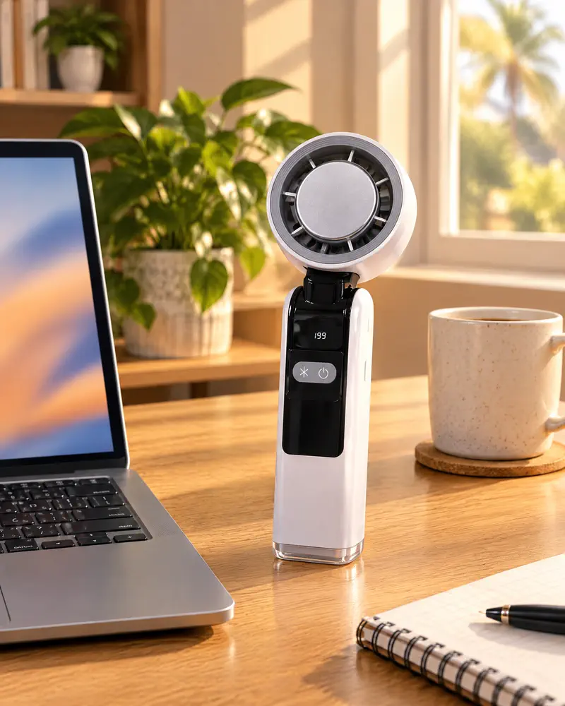 El ventilador parado solo sobre un escritorio